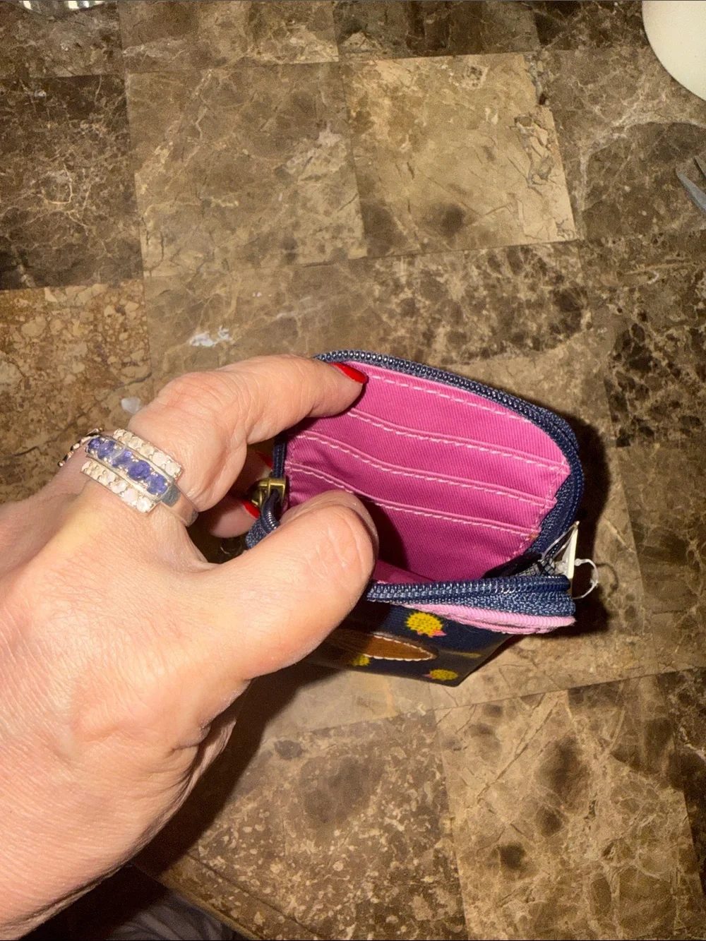 Retired Fossil Navy Phone Wristlet with Yellow Hedgehog Print and Pink Trim